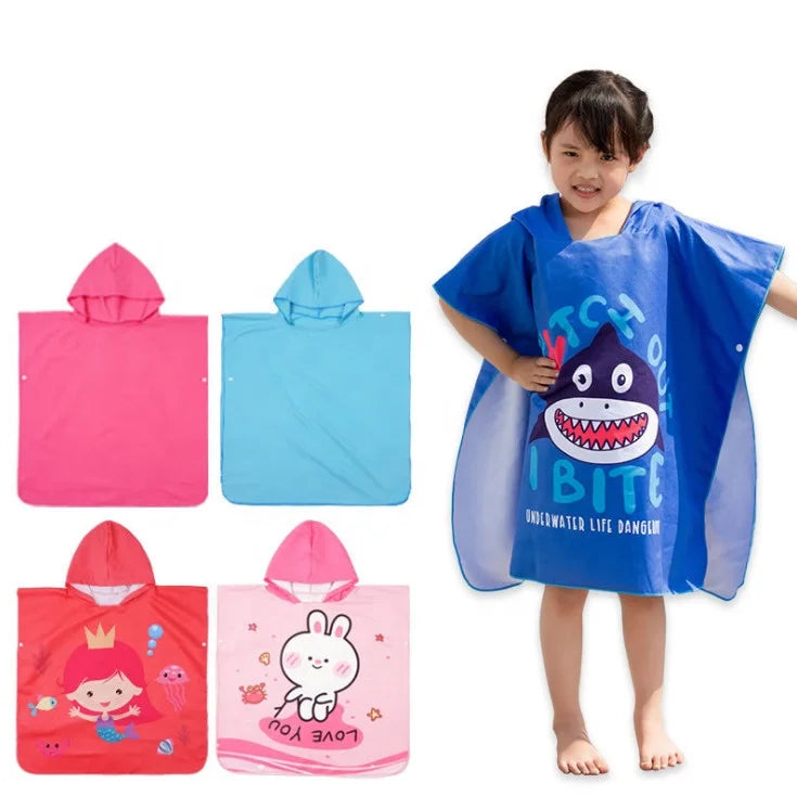 Fuxiu Cartoon Custom Pattern Beach Microfiber Sand Free Shawl Hooded Kids Poncho Towel