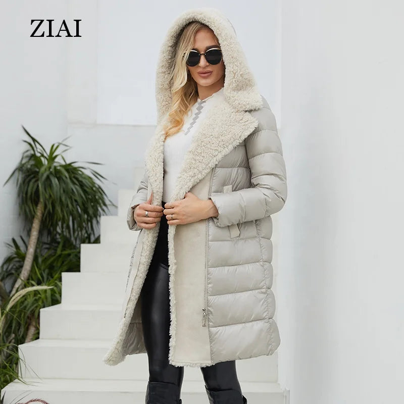 Wholesale Hooded Fur Trim Suede Placket Patchwork Hooded Padded Coat Winter Coat for Women Mid-length Padded Coat