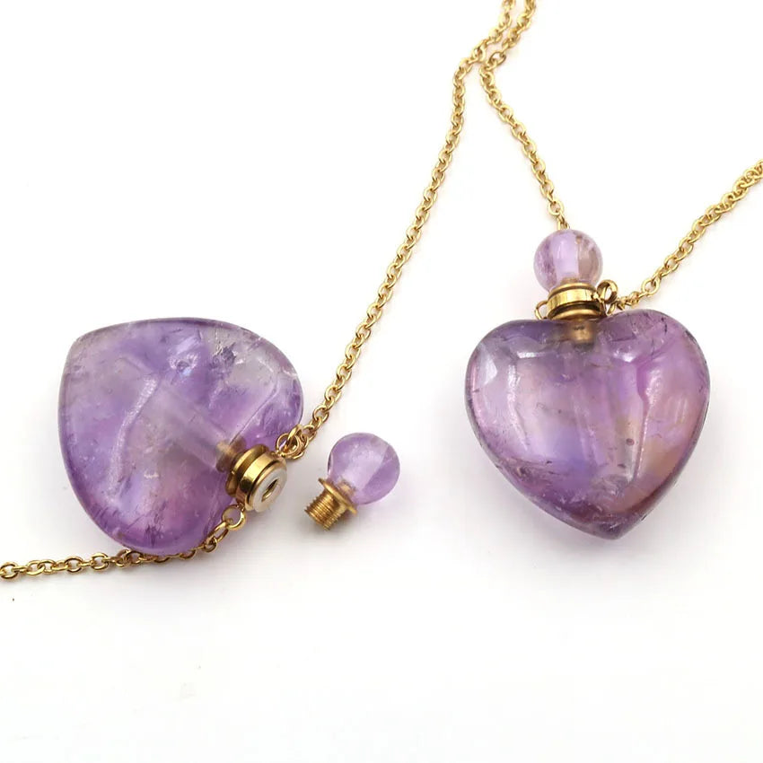 Amethyst Heart Wishing Bottle Pendant Rose Quartz Natural Healing Crystal Perfume Bottle for Gifts