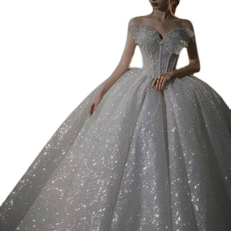 AL0956 2022 New Main Wedding Dress V-Neck Ivory Bridal Organza with Crystal Decoration and Train China Bride Dress