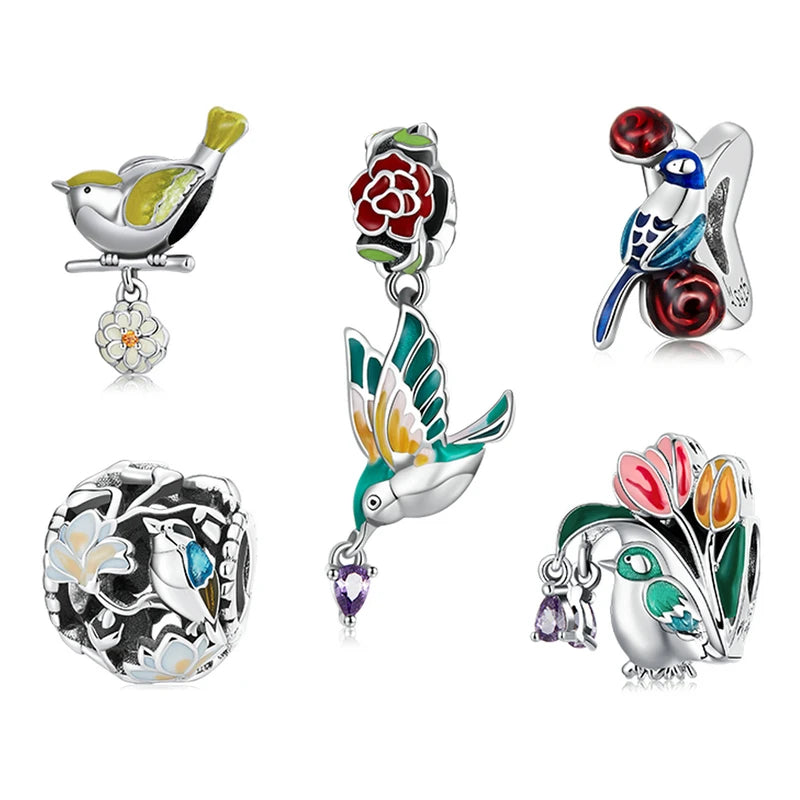 925 Sterling Silver Flower & Bird Charms Grain Rain Pendant Fit Women Snake Bracelet & Bangle Spring Jewelry Gift SCC2191