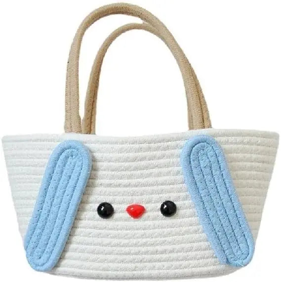 Girls' New Fashion Casual Rope Woven Bucket Bag Portable Handbag with Two Handles for Holiday Beach Use