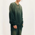 Dark Green Acid Washed Ribbed Crew Neck Tie Dye Sweatshirt Men's Drop Shoulder Pullover Hoodie Monkey Wash Tone Crew Sweatshirt