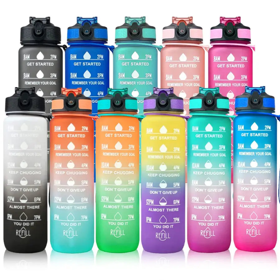ZJFIT 1L Tritan Plastic Motivational Water Bottle Workout Sport Custom Logo Insulated Straw Strainer with Time Marker