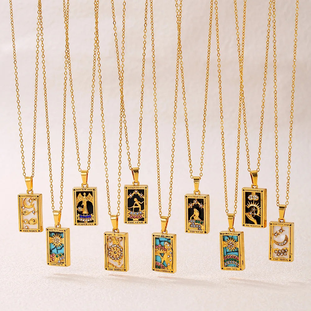 MECYLIFE Enamel Tarot Card Necklace Zircon Tarot Pendant 18K Gold Stainless Steel Zodiac Necklace Women