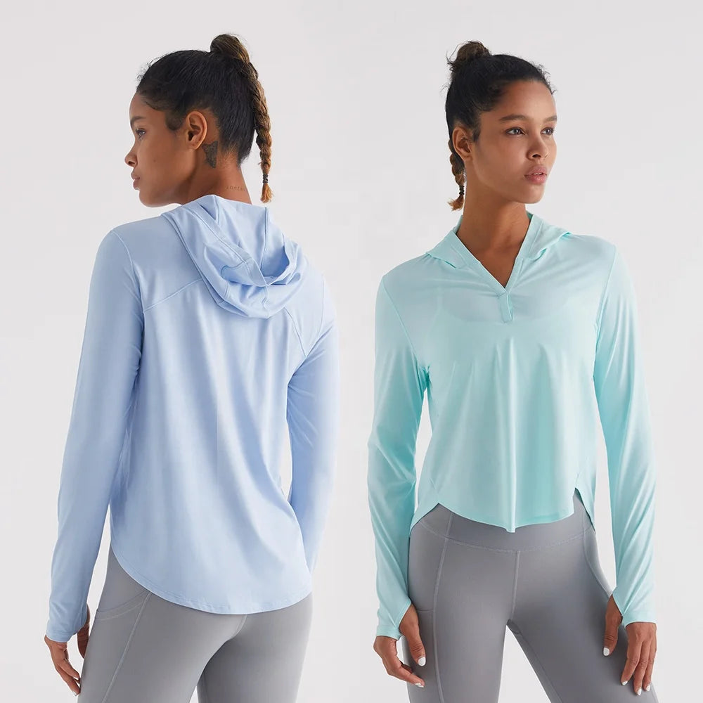 New Design Workout Tops Custom V Neck Quick Dry Hood T Shirts Womens Long Sleeve Yoga Sweat Shirt