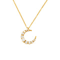 European Fashion 18K Gold Plated Stainless Steel Moon Pendant Necklace Pearl Zircon Decor Trendy Link Chain for Anniversaries