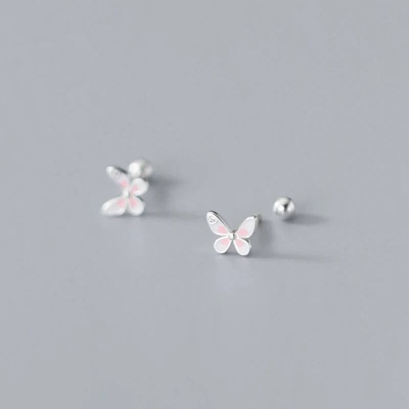 Real 925 Sterling Silver Earring Fashion Mini Insect Butterfly CZ Screw Stud Earrings for Women Wedding Jewelry