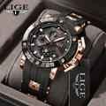 LIGE LG89195 Date Wrist Watches for Men Luxury Black Silicone Chronograph Waterproof Watch Gift for Husband Father Watch +Box