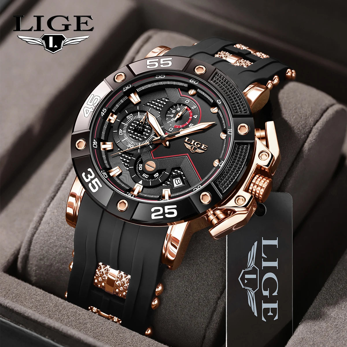LIGE LG89195 Date Wrist Watches for Men Luxury Black Silicone Chronograph Waterproof Watch Gift for Husband Father Watch +Box