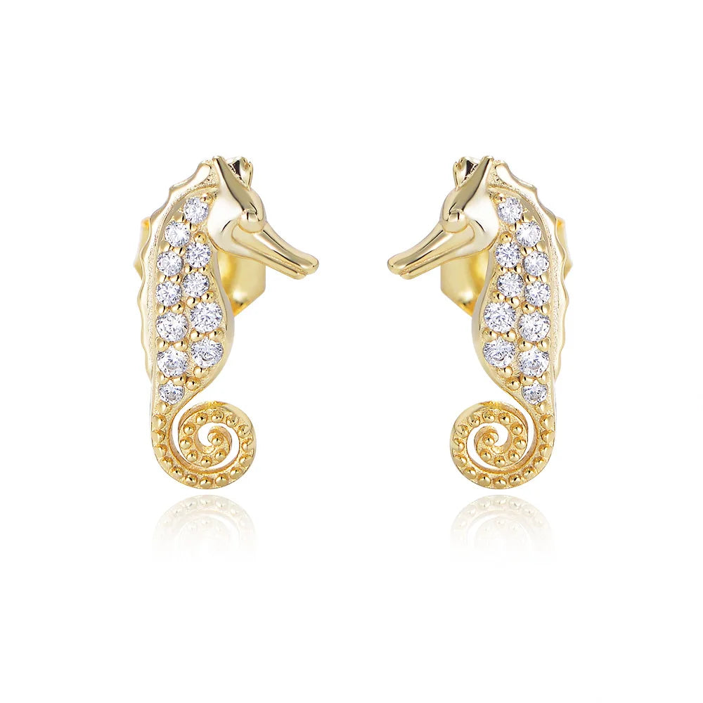 Sea Horse Pave Cubic Zirconia 925 Sterling Silver Fine Jewelry Gold Plated Stud Earrings Women