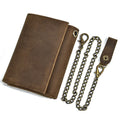 Genuine Leather Men's Trifold Chain Wallet with Hook & Loop Closure ID Window Credit Card Pockets Vintage Anti-theft Design