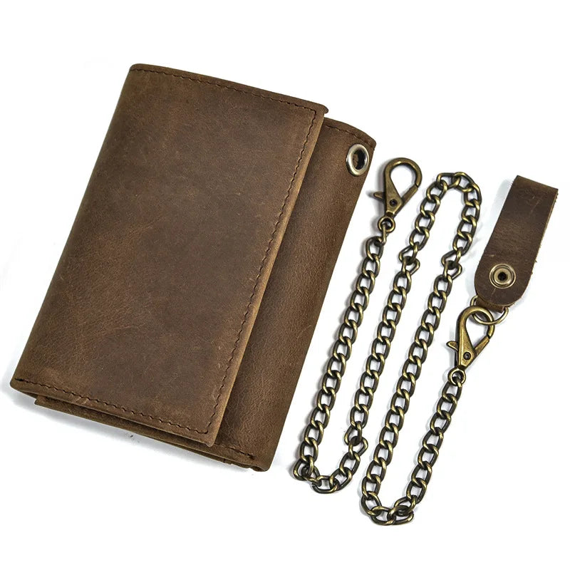 Genuine Leather Men's Trifold Chain Wallet with Hook & Loop Closure ID Window Credit Card Pockets Vintage Anti-theft Design