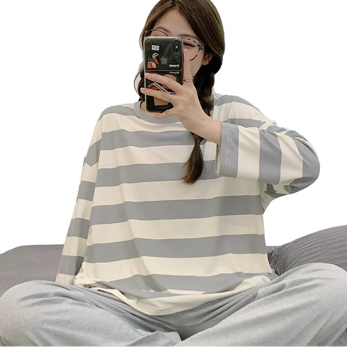 DDP Ladies Loungewear 2 Pcs Pyjamas Sleepwear Set Stripe Women Pyjamas Set Elastic Waist Sleepwear for Women Breathable Pyjamas