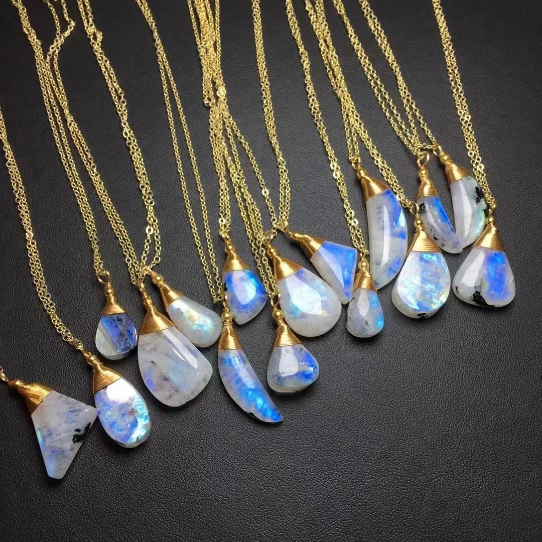Initial 925 Sterling Silver 18K Gold Plated Fashion Gemstone Natural Blue Moonstone Hand Wound Pendant Necklace