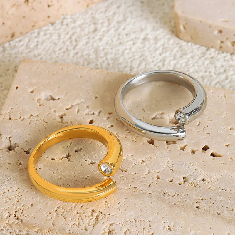 Waterproof Jewelry Minimalist Ring Gold Plated Stainless Steel CZ Zircon Open Ring for Women Environmental Friendly