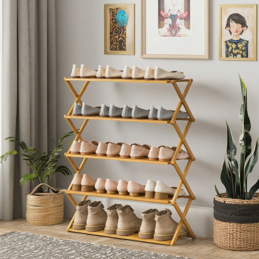 Customizable Foldable Bamboo Shoe Bench Standing Racks Shoe Shelves Wooden Plant Display Stand Storage Organizer for Hall Use