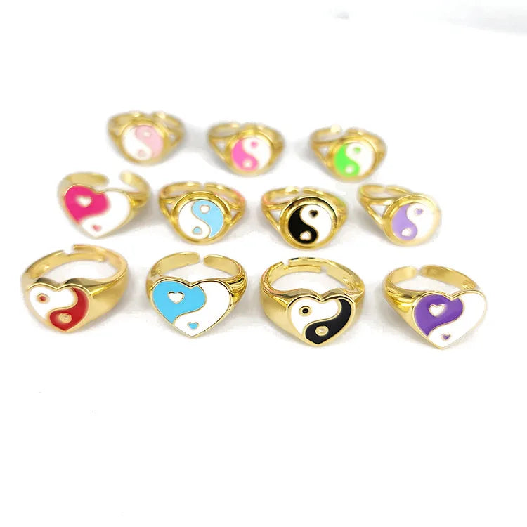 Hot Dainty Gold Plated Rainbow Colorful Enamel Signet Yin Yang Heart Zen Open Rings for Women Ladies