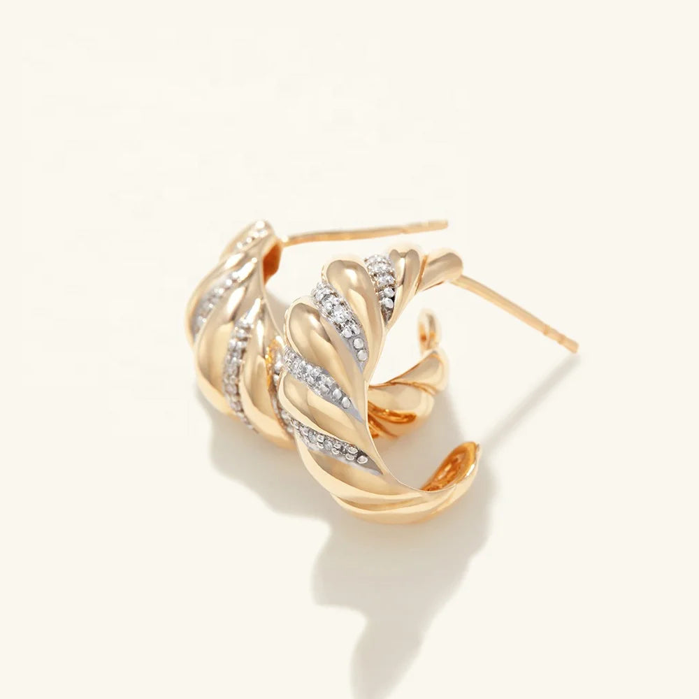 LOZRUNVE 925 Sterling Silver Pave CZ Wave Horn Thick Chunky Dome Twisted Huggie Hoop Earring Gold Wholesale