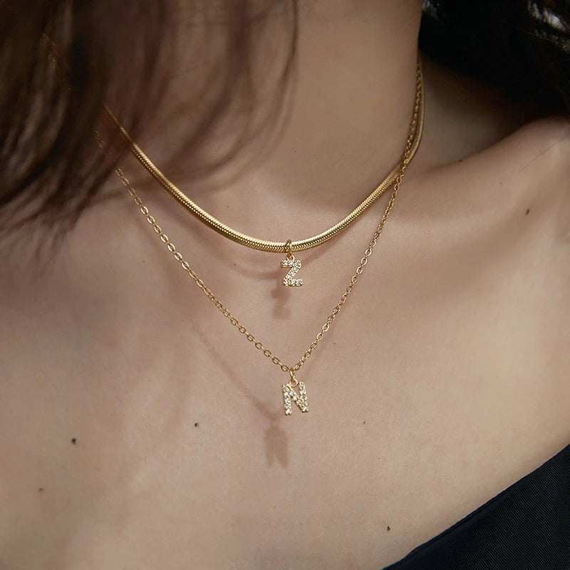 2 Designs 26 Letters Stainless Steel O Chain 3mm Snake Chain Necklace Alphabet Cubic Zircon Initial Necklaces Minimalist Jewelry