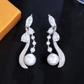 Clear White Bling Cubic Zirconia Paved Symmetrical Dangle Drop Long Pearl Earrings for Wedding Women Party
