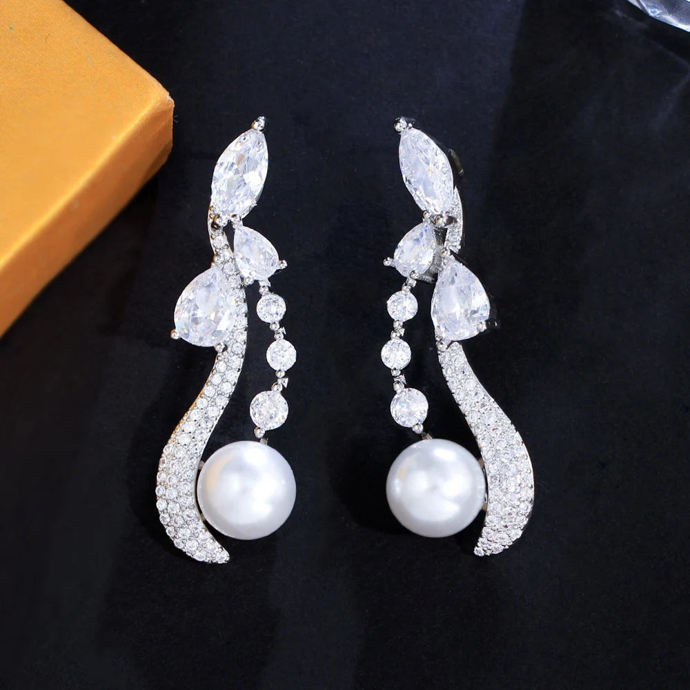Clear White Bling Cubic Zirconia Paved Symmetrical Dangle Drop Long Pearl Earrings for Wedding Women Party