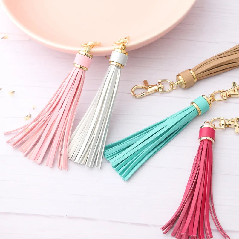 Leather Tassel Key Chain Unique Solid Color Long Tassel Keychain for Women Bag Charm Key Holder Metal Car Key Ring