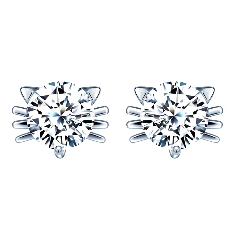 Cute Cat Stud Earrings 925 Sterling Silver with Cubic Zirconia Rhodium Plated Trendy Style for Wedding Engagement or Party