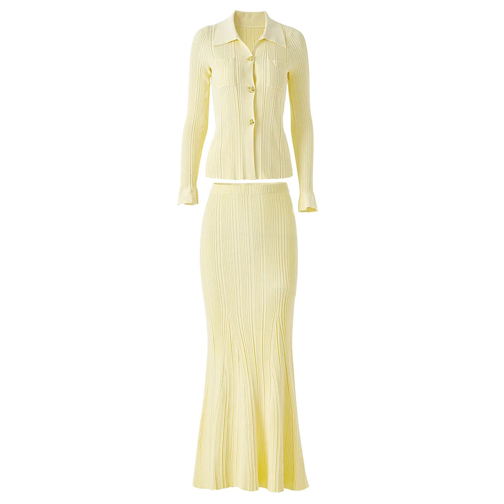 2025 Elegant Ladies Solid Suit Turn-Down Collar Long Sleeve Single-Breasted Cardigan Slim Long Skirt Women's Knit 2pcs Spring