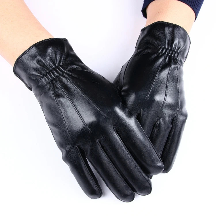 Men's Black PU Leather Gloves Three Touchscreen Lines Short Plush Lined Wrist-Length Plain Needle Detection for Outdoor Use