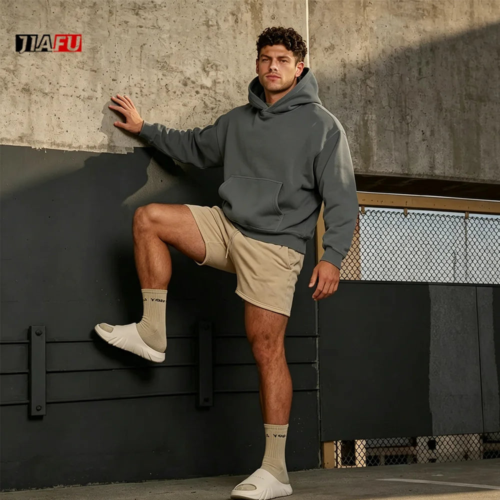 Custom Heavyweight Cotton Two Piece Hoodie and Shorts Set Men High Quality Blank Pullover Cropped Oversized Tracksuits Men
