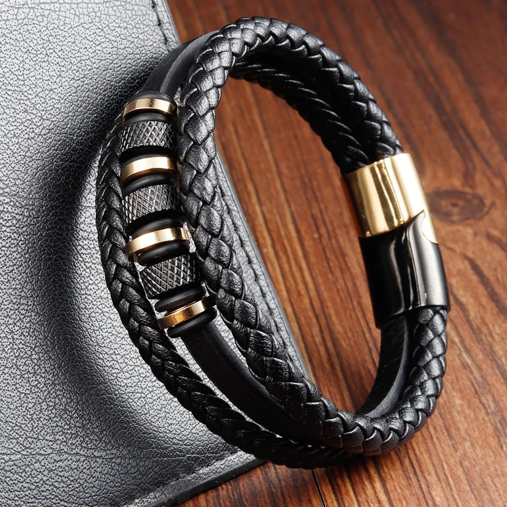 Personalized Stainless Steel Charm Men's Leather Bracelet Magnetic Clasp Braided Wrap Genuine Leather Bracelet OT-547