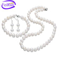 FEIRUN 8mm off Round AA- White 925 Silver Women Freshwater Bridal Pearl Set