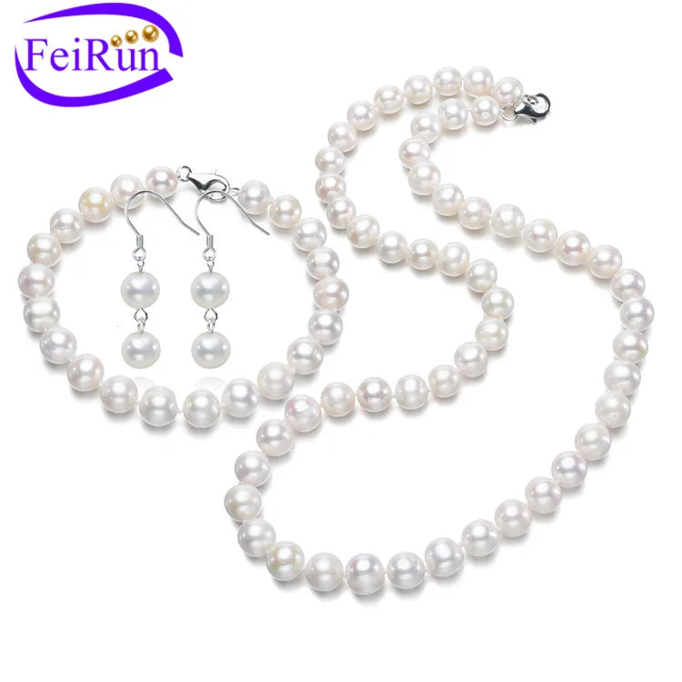 FEIRUN 8mm off Round AA- White 925 Silver Women Freshwater Bridal Pearl Set