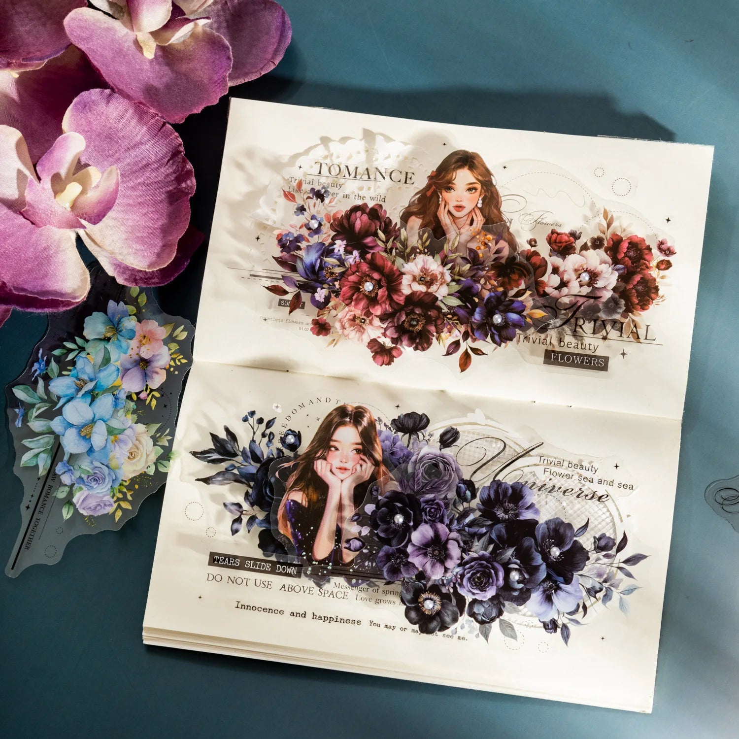 15pcs/pack Twilight Flower Sea Series Flower English Collage PET Stickers Handbook Collage Decoration Material