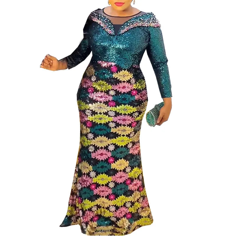 2023 African Full Sequin Evening Dresses Women Flower Beading Elegant Slim Evening Dresses Bling Sparkle Sequin Dress
