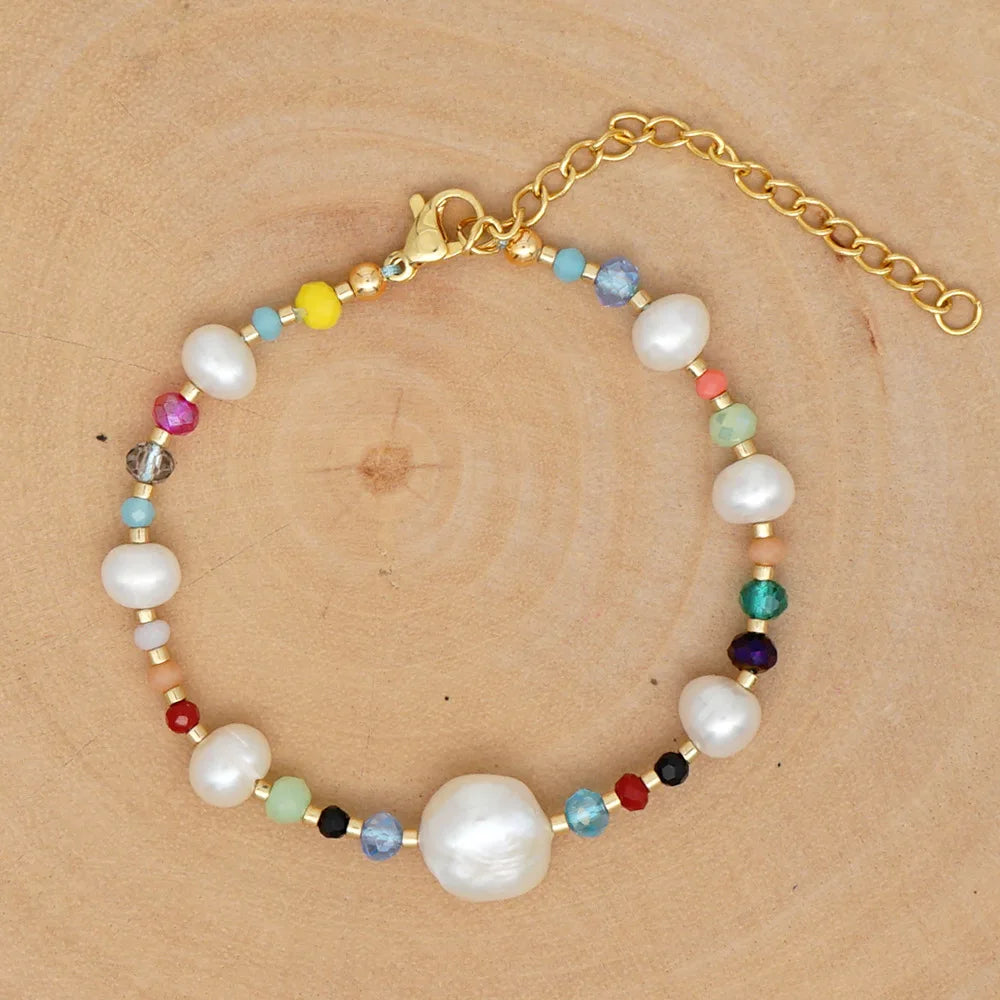 Bohemian Beach Rainbow Crystal Beads Bracelet Jewelry Freshwater Pearl Bracelet Women