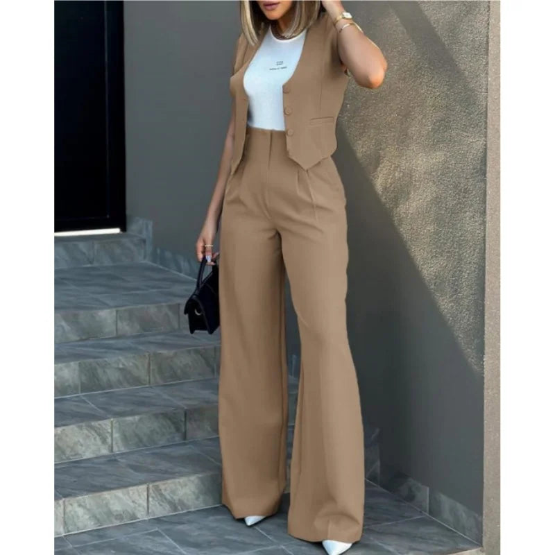 New Women Fashion Vest Suit Single Breasted V-neck Vest + High Waist Pocketed Wide Leg Pants Lady Summer Casual Two Piece Suit