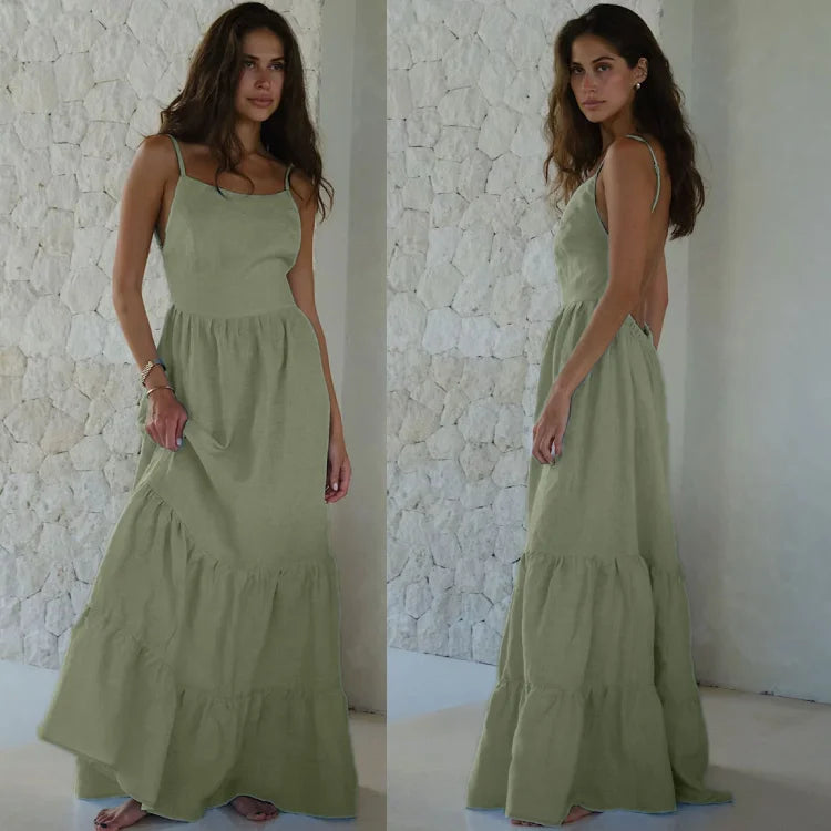 Enyami Wholesale Boheme Vacation Beach Cotton Loose Casual Sexy Backless Straps extra Long Cake Women Sleeveless Slip Maxi Dress