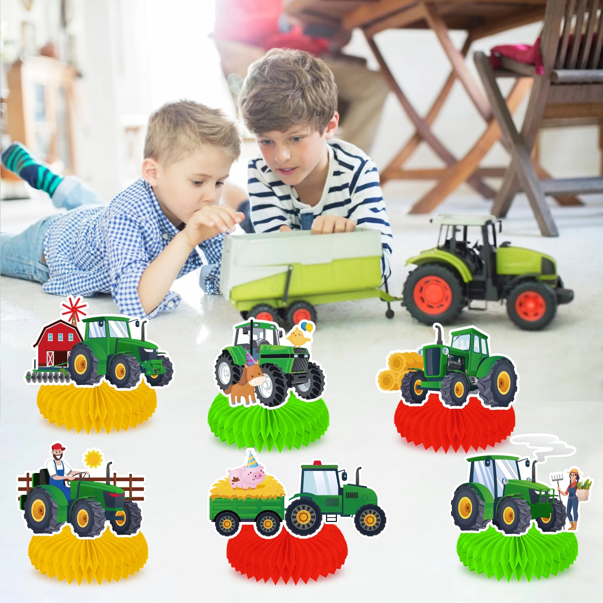 Huancai Green Tractor Party Honeycomb Table Centerpieces Toppers Table Decorations 9 Pcs for Kids Birthday Farm Party Supplies