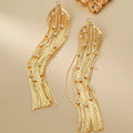 Popular Stylish Chic Shiny Smooth 18k Gold Plated CZ Paved Long Chain Tassel Friange Femme Stud Post Earring