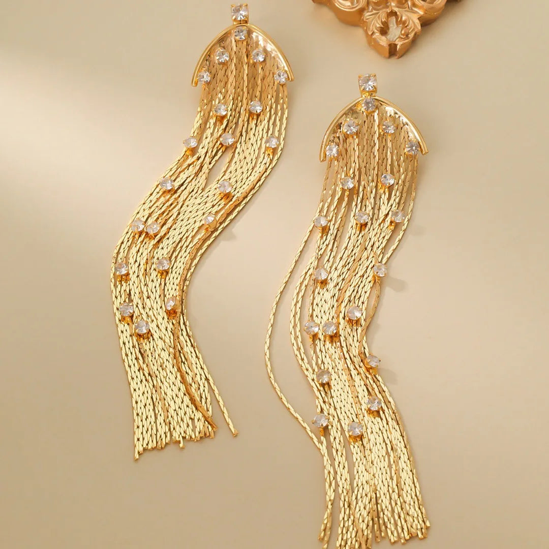 Popular Stylish Chic Shiny Smooth 18k Gold Plated CZ Paved Long Chain Tassel Friange Femme Stud Post Earring