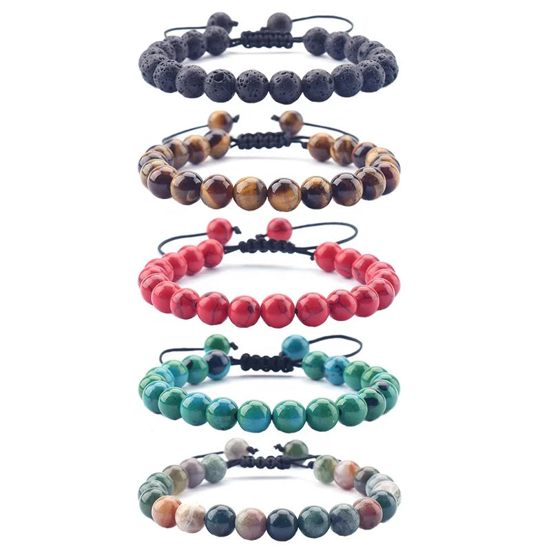 Wholesale 8mm Natural Stone Crystal Beads Trendy Adjustable Woven Braided Macrame Bracelets for Men Women Christian Symbol