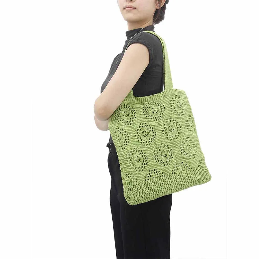 2023 Wholesale New Summer Vintage Japan Fashion Crochet Knitted Beach Tote Bags Lady Double Handle Open Closure Bohemian