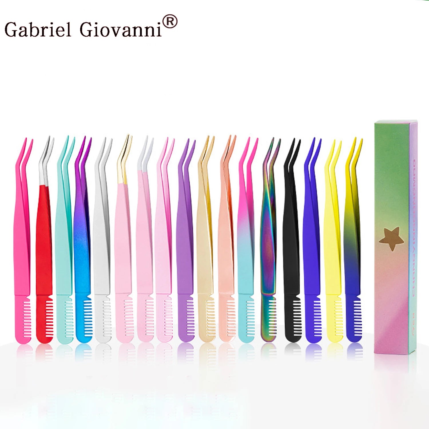 2021 Newest Product Customized logo Black Curved Eyebrow Fake Eyelash Tweezers With Comb