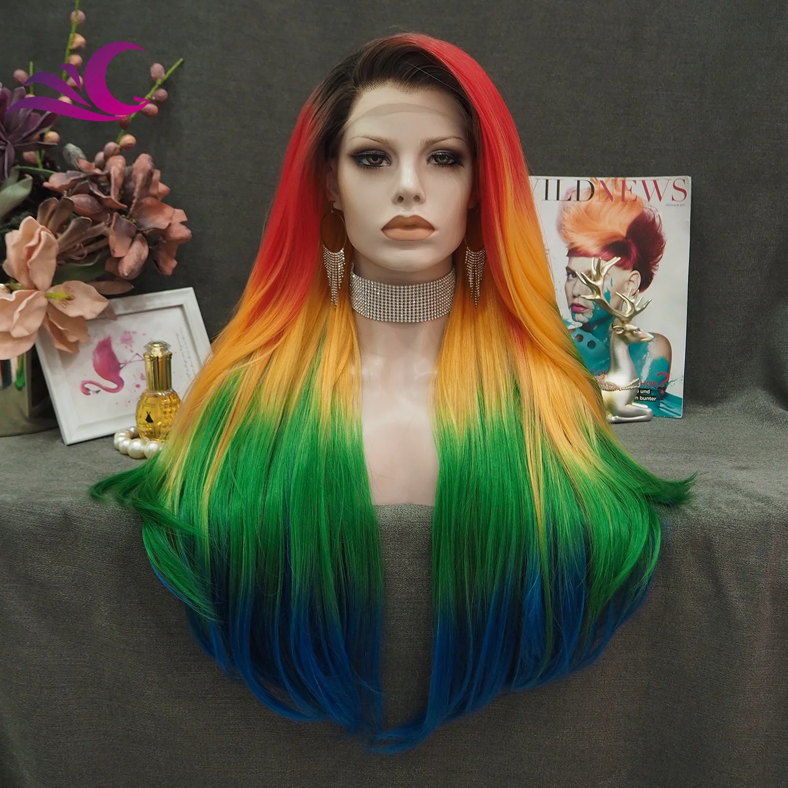 Celebrity Rainbow Synthetic Lace Front Wig Long Straight Hair Multicolor Wigs for Party Colorful Wig