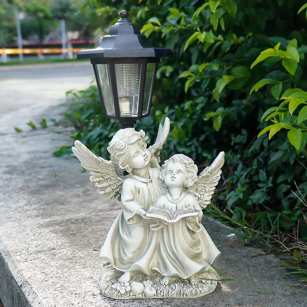Resin Cherub Statue with Lantern & Book Hand-painted Artistic Design Feng Shui Garden Decorative Outdoor Statue