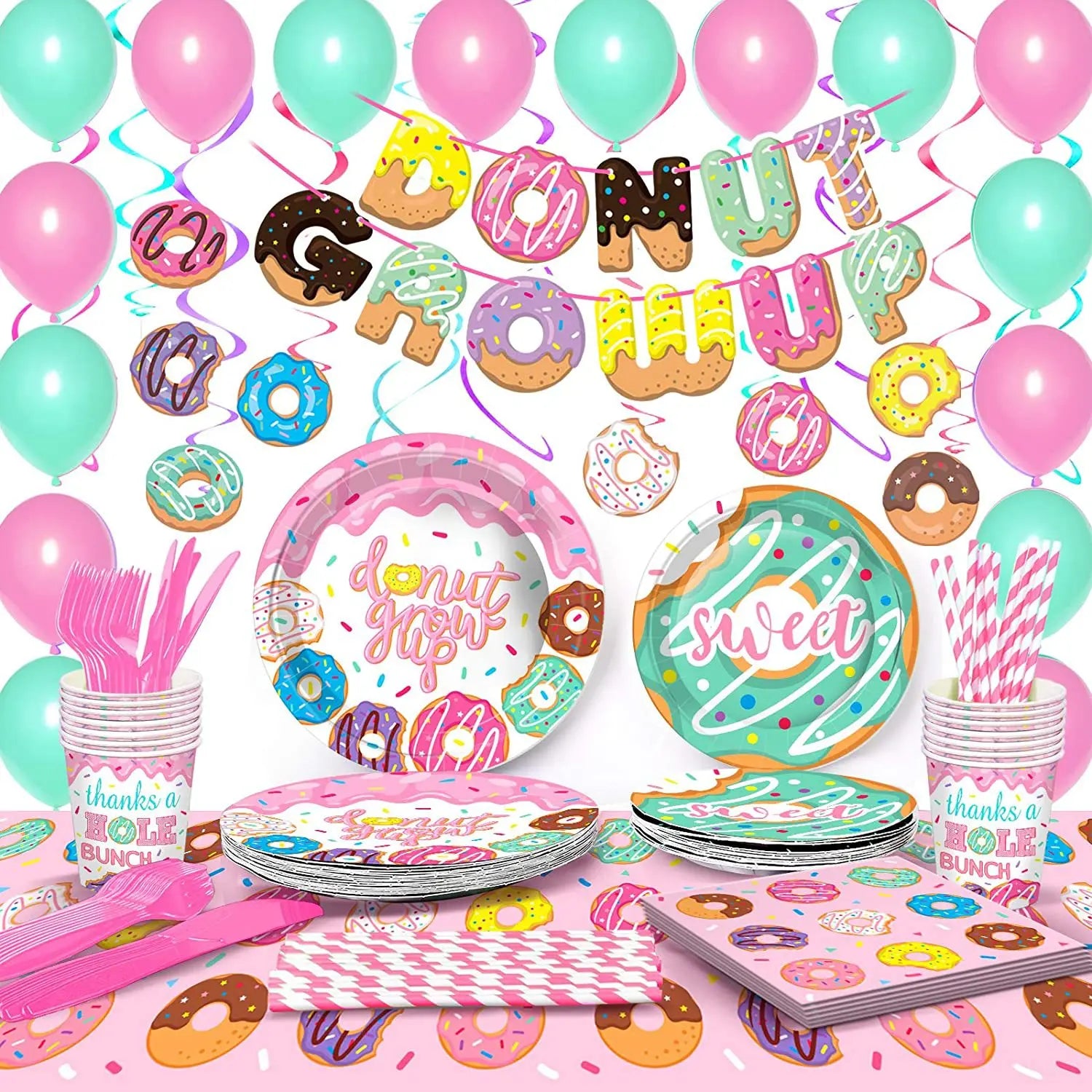 Donut Grow up Birthday Pusheen Birthday Party Supplies Kit Donut Paper Plates Cups Napkins Straw Swirls and Balloons Baby Shower