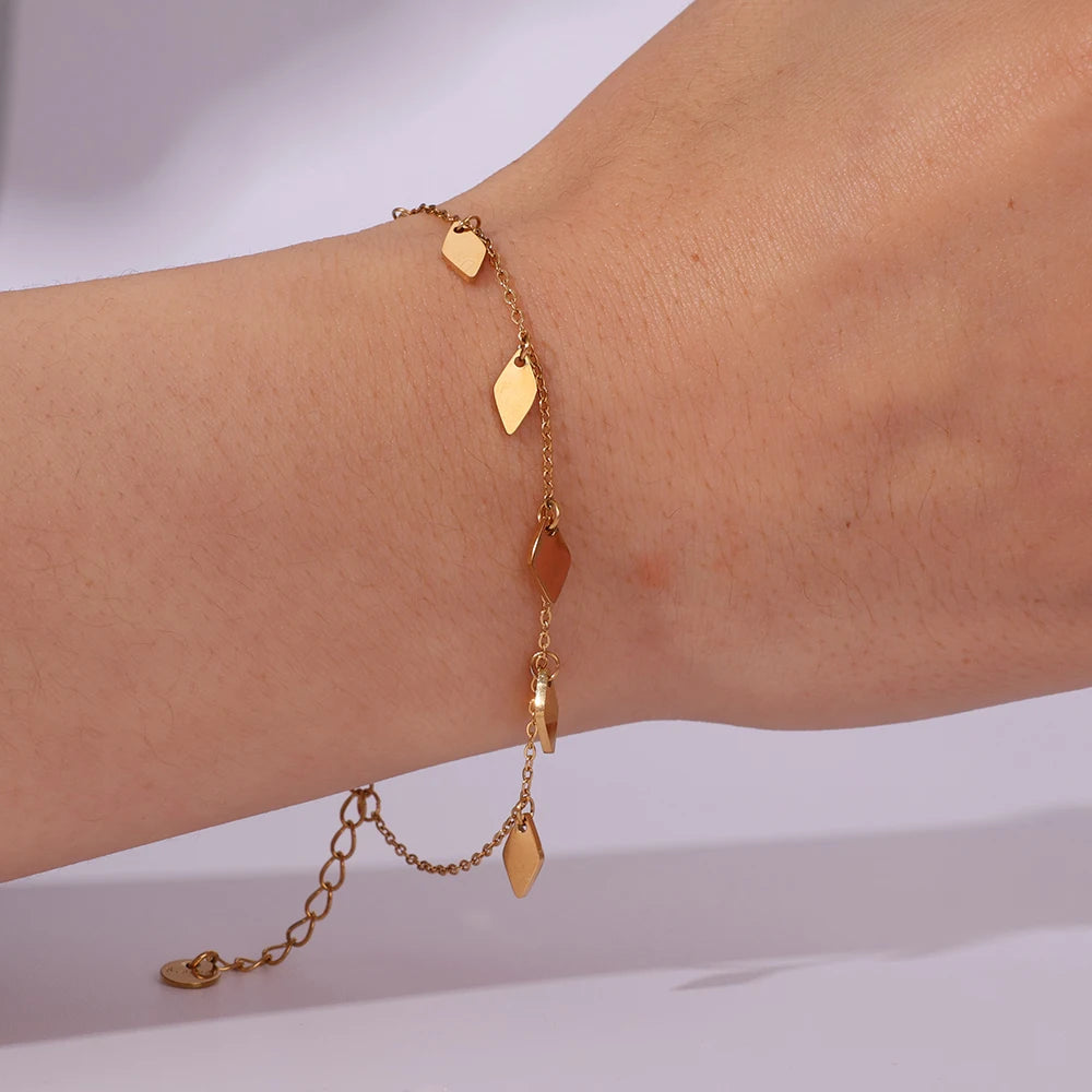 French Vintage Statement Rhombus Chain Drop Tassel Stainless Steel Waterproof Bracelet for Women Gold Color Charm Chic Jewelry