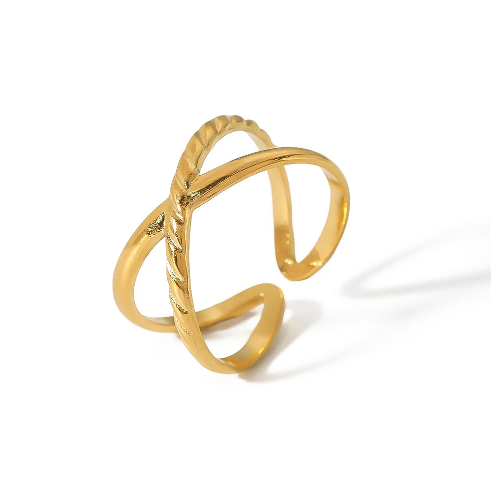 Wholesale Stainless Steel Gold Plated Textured Double Cross Finger Rings Tarnish Free Jewelry for Ladies